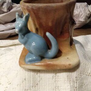 Vintage Morton Ceramic Planter With Blue Kangaroo And Tree Stump
